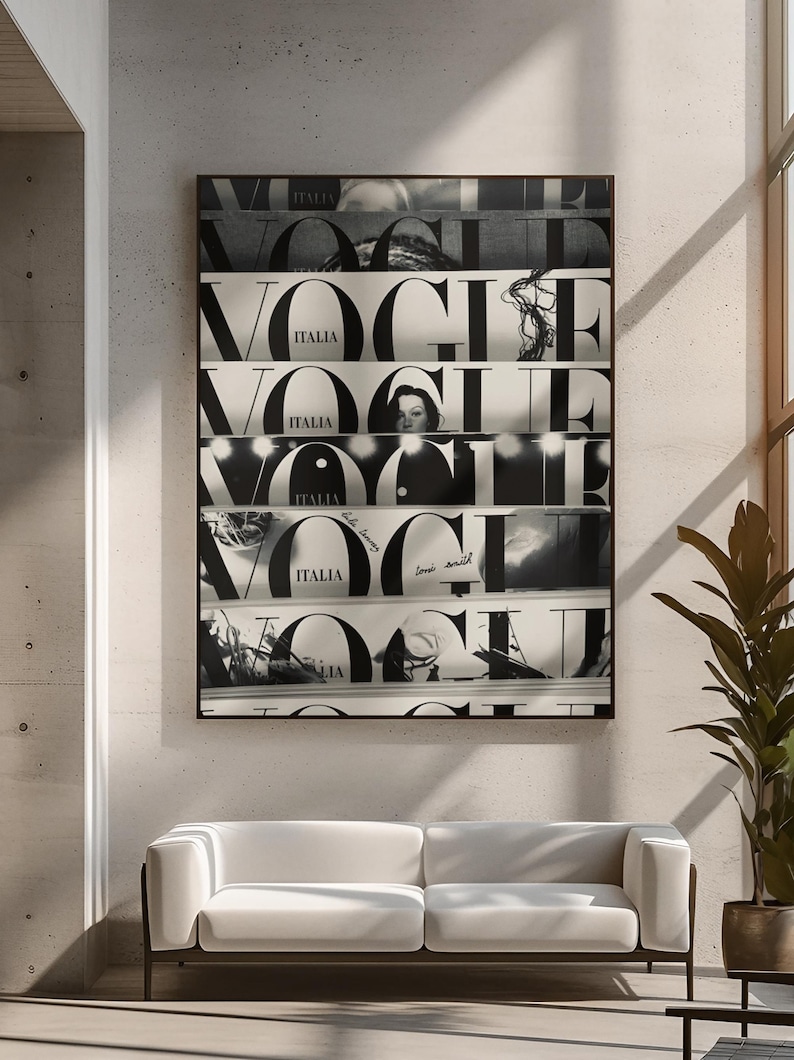 May include: A rectangular wall art print featuring a collage of black and white Vogue Italia magazine covers stacked horizontally. The design displays the bold Vogue logo repeated across multiple segments, interspersed with photographic imagery.