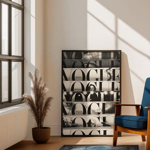 May include: A rectangular framed wall art piece featuring a collage of black and white Vogue Italia magazine covers stacked horizontally. The artwork displays the bold Vogue logo repeated across multiple segments, incorporating various photographic details.