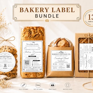 May include: A bakery label bundle featuring 13 templates for various food packaging. The image displays a stack of chocolate chip cookies, a loaf of focaccia, a round sourdough loaf, and a boxed bread loaf, each with custom white paper labels.