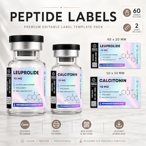 May include: A premium editable label template pack for peptide vials, featuring two clear glass vials with black caps and holographic labels labeled Leuprolide and Calcitonin. Includes two label sizes, 40x20 mm and 50x30 mm, with chemical structures, QR codes, and research-specific text.