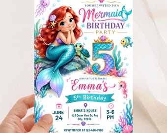 Mermaid Birthday Invitation, Mermaid Invitation Under The Sea Party Invite, Girl 5th Birthday Invite, Digital Ocean Canva Template Download