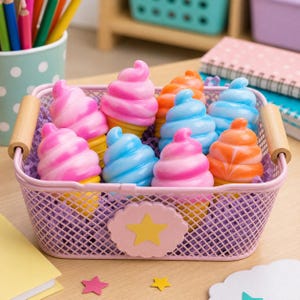May include: A light purple wire mesh basket with two wooden handles and a yellow star emblem on the front, filled with several colorful plastic ice cream cone toys in shades of pink, blue, and orange, resting on purple shredded paper filler.