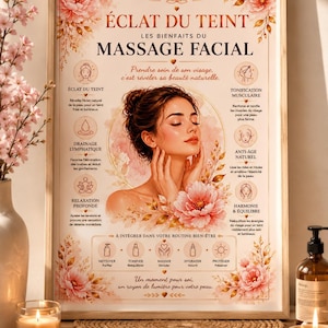 May include: A framed educational poster titled ÉCLAT DU TEINT LES BIENFAITS DU MASSAGE FACIAL featuring a central illustration of a person touching their face, surrounded by floral accents, text descriptions of facial massage benefits, and icons.