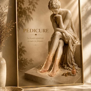 Peut inclure: Une affiche encadrée représentant une statue en marbre d'une figure assise drapée de tissu. Le texte indique PÉDICURE, La beauté appartient à toutes les femmes, et L'ATELIER DES EDITIONS. Un petit flacon de vernis à ongles est posé à côté.