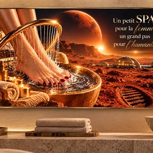 Pode incluir: Uma impressão de arte de parede emoldurada retratando uma cena de banho de pés na superfície de um planeta vermelho com um grande planeta no céu. O texto diz: Un petit SPA pour la femme, un grand pas pour l'humanité. Inclui uma tigela dourada, água e velas.