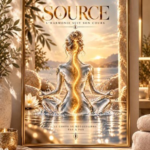 May include: A framed wall art print featuring a metallic silver figure in a seated meditation pose within water. A glowing golden light runs up the spine. The text reads SOURCE L'HARMONIE SUIT SON COURS and LE CORPS SE REEQUILIBRE PAS A PAS.