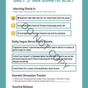 May include: A teal and white infographic titled "Daily 5-Min Somatic Reset." It includes a morning check-in with emotional state options, daily vagus nerve micro-resets, a somatic sensation tracker, and an evening release prompt. The text is in a sans-serif font.