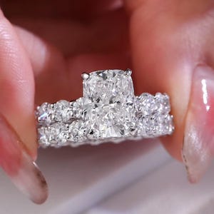 Elongated on Moissanite Engagement Ring Set, Eternity Matching Wedding Band, Stacking Bridal Ring Set For Women, Proposal Gifts For Her