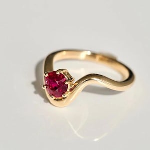 2 CT Round Ruby Solitaire Ring, Minimalist Red Gemstone Ring, Wavy Promise Ring, 14K Gold Plated Engagement Ring, July Birthstone Gift