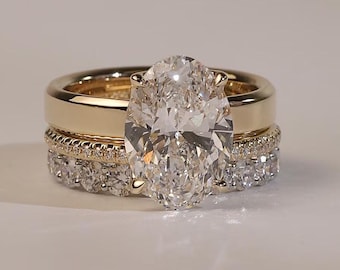 3.5CT Oval Cut Three Piece Bridal Ring Set, Tulip Prong Moissanite Engagement Set, Wedding Proposal Gift, 10KT Gold Matching Band Set