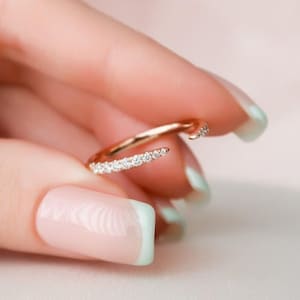 Unique Round Cut Open Cuff Wedding Band, 10k Solid Rose Gold Bridal Band, OPen Gap Matching Band, Stacking Half Eternity Paves Band For Her