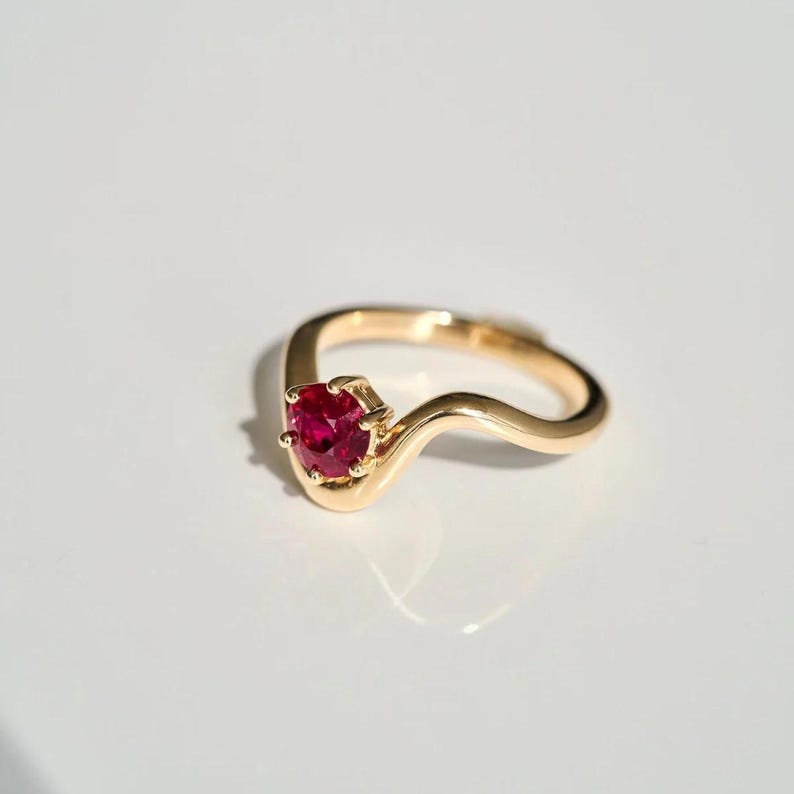 2 CT Round Ruby Solitaire Ring, Minimalist Red Gemstone Ring, Wavy Promise Ring, 14K Gold Plated Engagement Ring, July Birthstone Gift image 1