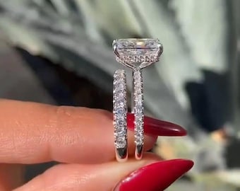 3Ct Radiant Cut Moissanite Bridal Ring Set, Hidden Halo Solitaire Ring, Pave Wedding Band, Silver Engagement Ring Set, Gift for Her