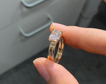 Ringenset met 1,75 karaat East West Radiant Cut Moissanite, bruidsringenset met verborgen halo, bijpassende effen ring van 925 zilver, solitaire bruidsringenset