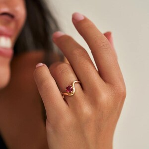 2 CT Round Ruby Solitaire Ring, Minimalist Red Gemstone Ring, Wavy Promise Ring, 14K Gold Plated Engagement Ring, July Birthstone Gift image 2