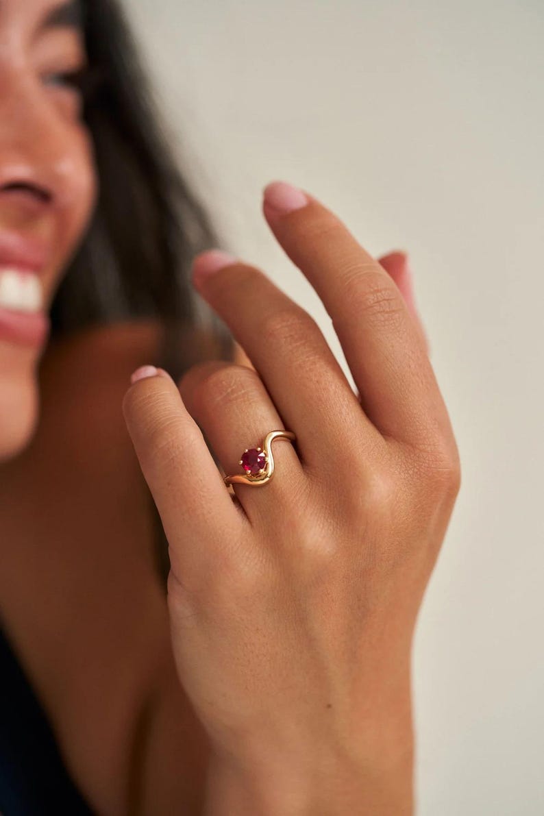 2 CT Round Ruby Solitaire Ring, Minimalist Red Gemstone Ring, Wavy Promise Ring, 14K Gold Plated Engagement Ring, July Birthstone Gift image 2