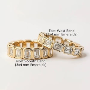 East-West\ North-South Emerald Cut Wedding Band, Full Eternity Moissanite Band, Bezel Set Stackable Band, Engagement Gifts For Her