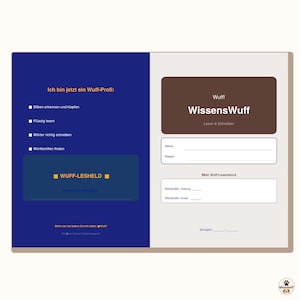 Op de afbeelding: Een blauw-wit educatief werkblad met Duitse tekst. Het werkblad bevat secties voor schrijven, lezen en woordherkenning. De titel "WissensWuff" wordt weergegeven in een bruine rechthoek. De rechter benedenhoek heeft een pootafdruklogo.