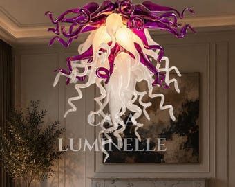 Lámpara de araña artística de vidrio soplado en morado y blanco, lámpara de lujo para interiores, lámpara DIY para vestíbulo de hotel, comedor