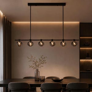 Glass stone accent linear chandelier for kitchen island, dining, stainless steel contemporary hanging light, LED farmhouse chandelier