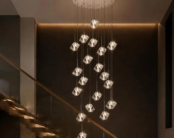 Clear glass square shaped cluster chandelier for staircase, long pendant light for luxury interior, art light cluster chandelier