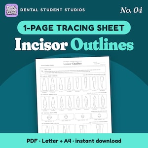 May include: A white one-page tracing sheet titled Incisor Outlines by Dental Student Studios. The document features black line drawings of various tooth shapes, including labial, lingual, mesial, distal, and incisal views for dental practice.