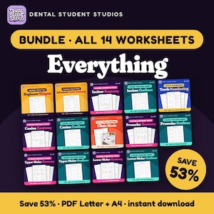 May include: A digital bundle of 14 dental student worksheets featuring various anatomy packs, tracing sheets, and practice guides. The collection includes titles like Beginner Shapes, Tooth Numbering, and Molar Anatomy, presented in a grid layout.