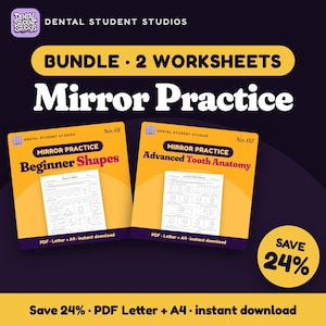 Puede incluir: Un paquete digital de dos hojas de trabajo de práctica con espejo de Dental Student Studios. El conjunto incluye No. 01 Beginner Shapes y No. 02 Advanced Tooth Anatomy. Cada hoja se muestra sobre un fondo amarillo y morado oscuro con texto.