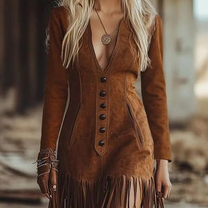 Pode incluir: Um vestido castanho de manga comprida com decote em V profundo, uma fila central de botões escuros e um acabamento texturizado. A bainha apresenta franjas longas e pendentes. Um colar com um pendente redondo dourado é usado com a peça.
