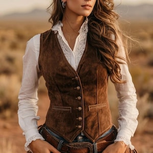 May include: A brown suede vest featuring a V-neckline, a front button closure with metallic buttons, and two horizontal welt pockets. The vest is worn over a white long-sleeved shirt with a lace-trimmed collar and cuffs, paired with a brown leather belt.