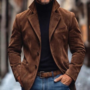 Peut inclure: Un blazer en daim marron avec un revers cranté, trois boutons sur le devant et deux poches latérales, porté sur un pull à col roulé noir avec un jean bleu et une ceinture en cuir marron à boucle argentée, formant une tenue superposée.