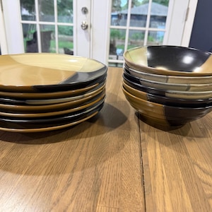 Sango Gold Dust Black Stoneware Dinnerware Set – Mid-Century Modern Geometric Plates & Bowls