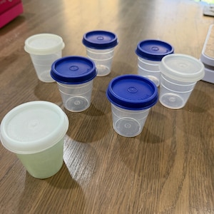 Set of 7 Vintage Tupperware Mini Midgets 2 oz Cups with Lids #101 | Retro Blue & White Seals