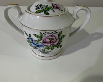 Lidded Sugar Bowl - Made in Japan Pink Floral Gold Trim, Double Handle