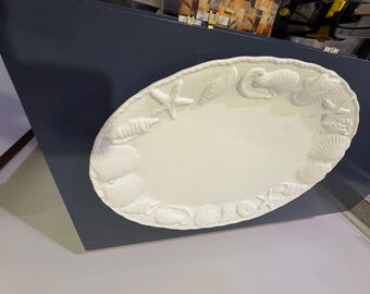 Vintage Sapota White Ceramic 17.5” Oval Serving Platter | Embossed Seashell and Starfish Coastal Hostess Tray