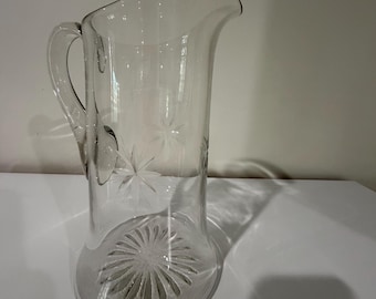 Antique Fostoria Sunburst Glass Water Pitcher, EAPG Bethlehem Star Pattern, UV Manganese Glow