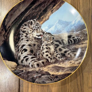 Peut inclure: Une assiette décorative ronde en céramique avec un bord doré, illustrée d'un léopard des neiges adulte et de son petit se reposant dans un paysage montagneux rocheux. L'œuvre représente le duo dans des tons de blanc, gris et noir.
