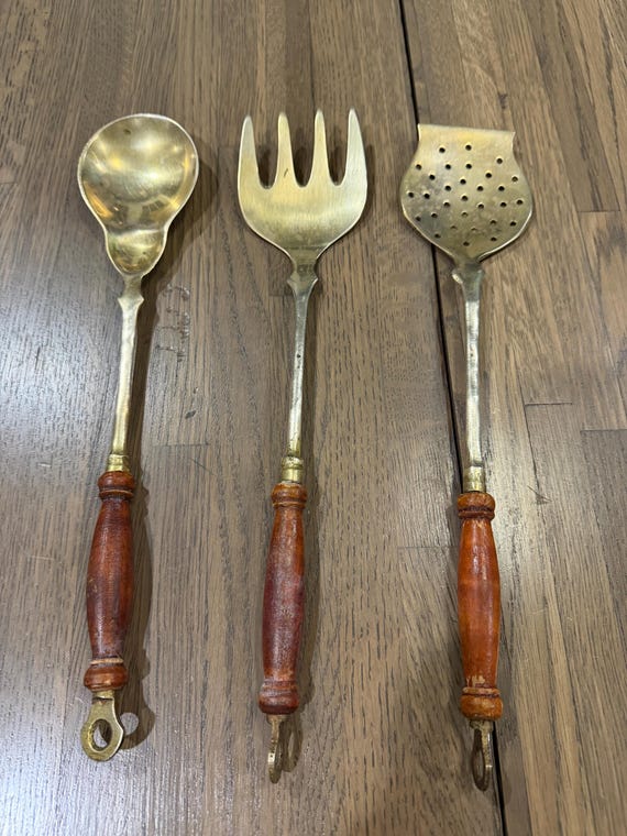 Vintage Brass Kitchen Utensils Set, Wooden Handles, Mid-Century Style