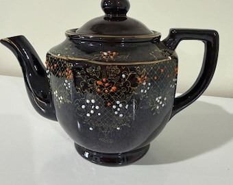 Vintage 1950s Japanese Moriage Redware Teapot Brown Enamel Floral Raised Dots Hand Painted 6 Cup Large 9 Inch