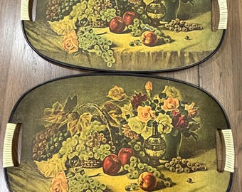 Bandejas de servir vintage de fibra de vidrio estilo moderno de mediados de siglo - Juego de 2 bandejas grandes de 45 x 30 cm con diseño retro de bodegón de frutas y flores con asas envueltas.