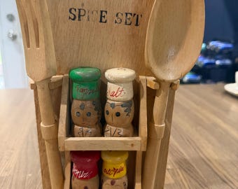 Vintage 1950s Wood Spice Rack Set with 4 Chef Shakers, Fork & Spoon | Mid Century Modern Kitsch Kitchen Decor, Made in Japan, As Is