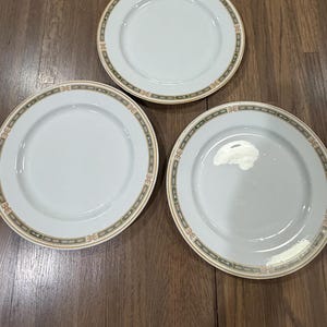 May include: Three round white ceramic plates featuring a decorative border pattern in shades of green, gold, and brown. The plates have a smooth, glossy finish and a wide rim. One plate displays a small, opaque white mark on its surface.