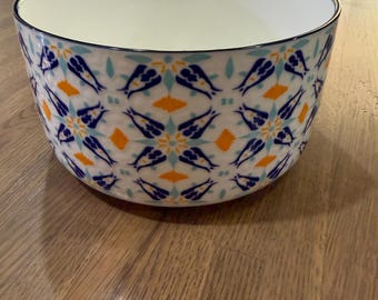 Signature Housewares 7 Inch Ceramic Bowl, Boho Geometric Stoneware Replacement Serving Bowl, Orange and Blue Nested Dish