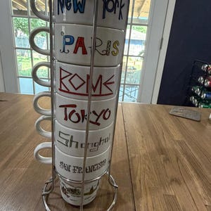Vintage World Market Stacking Mugs Set – Cities of the World Collection with Chrome Rack