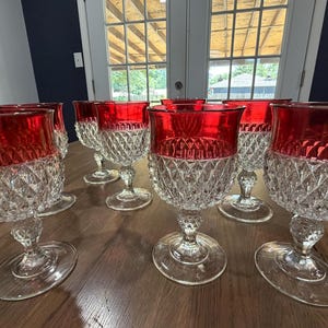 Set of 8 Vintage Indiana Glass Ruby Flash Diamond Point Water Goblets – Mid Century