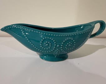 10 Strawberry Street Teal Blue Gravy Boat, Raised Beaded Scroll Stoneware Sauce Pitcher, 10" Footed Pedestal Creamer, Replacement Dinnerware
