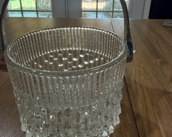 Mid-Century Modern Glass Ice Bucket, Textured Raindrop Chrome Handle, Teleflora France