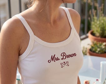 Personalized Mrs Tank Top, Custom Embroidered Bride Shirt, Bridal Shower Outfit, Honeymoon Outfit, Romantic Dove Embroidered Top