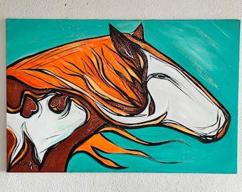 Flaming Mane Paint Horse original art, 36 x 24-inches, ready to hang