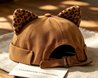 Leopard Print Cat Ear Miki Hat, Wild Animal Ear Brimless Docker Cap, Harajuku Streetwear-Skullcap